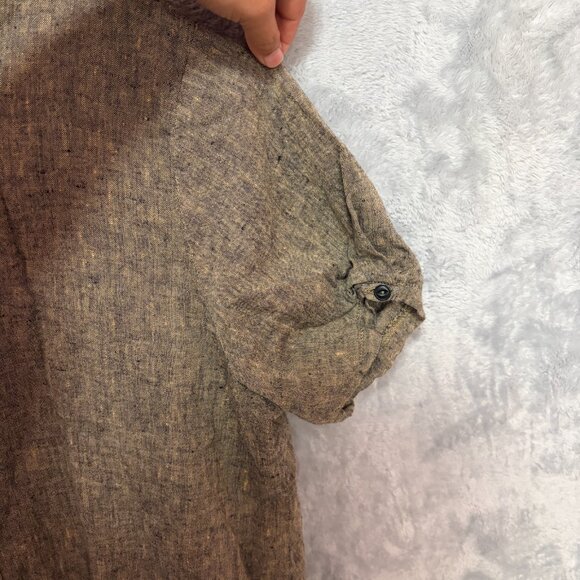 Flax Shirt Womens Large Brown Relaxed Lagenlook Button Front Sleeve Puff Blouse - Picture 5 of 8